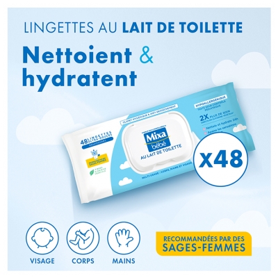 Mixa Bébé Lingettes au Lait de Toilette 48 Lingettes