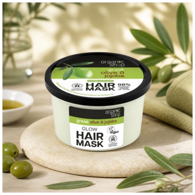 Organic Shop Dabīgā Matu Maska Stiprinoša un Spīdumu Piedodoša Olīva un Jojoba 250 ml