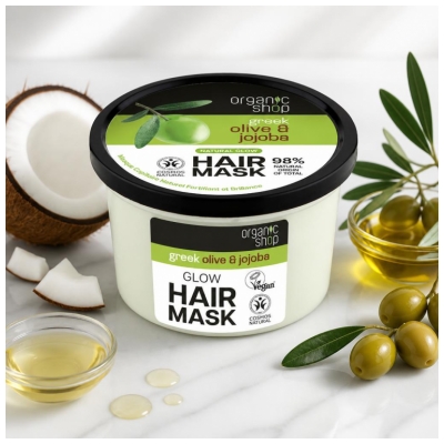Organic Shop Dabīgā Matu Maska Stiprinoša un Spīdumu Piedodoša Olīva un Jojoba 250 ml
