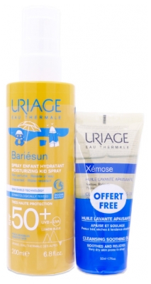 Uriage Bariésun Feuchtigkeitsspendendes Kinderspray Sehr Hoher Schutz SPF50+ 200 ml + Xémose Beruhigendes Waschöl 50 ml Geschenkt