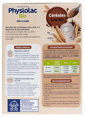 Physiolac Bio Céréales Cacao Dès 6 Mois 200 g