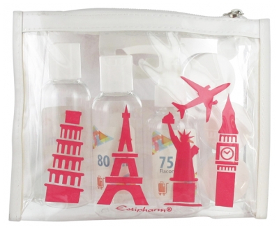 Estipharm Reise-Set Kosmetikfläschchen - Farbe: Transparent mit Rosa Mustern