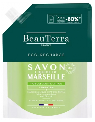BeauTerra Flüssige Marseille-Seife Minze Zitrone Öko-Nachfüllung 900 ml
