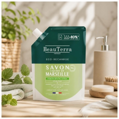 BeauTerra Marseļas šķidrās ziepes ar citrona-piparmētru smaržu 900 ml Eko-uzpilde