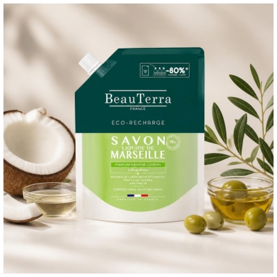 BeauTerra Marseļas šķidrās ziepes ar citrona-piparmētru smaržu 900 ml Eko-uzpilde