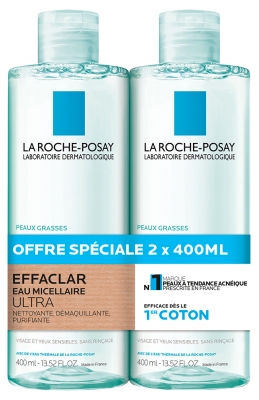 Água Micelar Ultra Effaclar La Roche-Posay Peles Oleosas Pack 2 x 400 ml