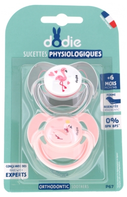 Dodie 2 Sucettes Physiologiques Silicone 6 Mois et + N°P67 - Modèle : Flamant Rose/Flamant