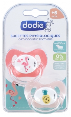 Dodie 2 Sucettes Physiologiques Silicone 6 Mois et + N°P67 - Modèle : Flamant Rose/Ananas