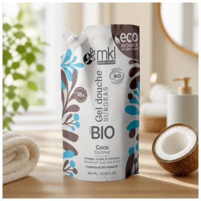 MKL Green Nature Kūno prausimosi gelis su riebalų pertekliaus aliejumi, ekologiškas, kokoso kvapo, 900 ml EKO pildymo pakuotė