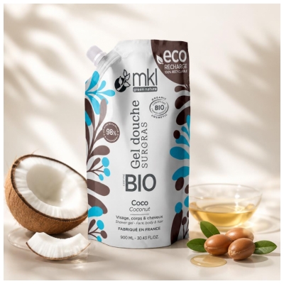 MKL Green Nature Kūno prausimosi gelis su riebalų pertekliaus aliejumi, ekologiškas, kokoso kvapo, 900 ml EKO pildymo pakuotė