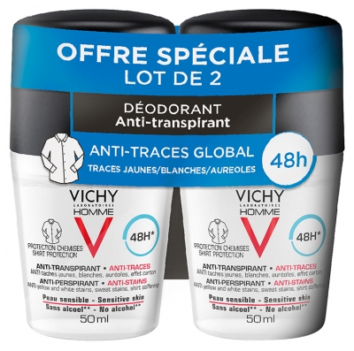 Vichy Homme Déodorant Anti-Transpirant 48H Anti-Traces Roll-On Lot de 2 x 50 ml