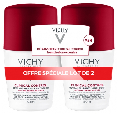 Vichy Déodorant 96H Clinical Control Détranspirant Anti-Odeur Roll-On Lot de 2 x 50 ml