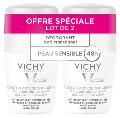Vichy Déodorant Anti-Transpirant 48H Peaux Sensibles ou Epilées Roll-On Lot de 2 x 50 ml