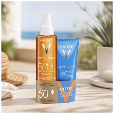 Vichy Capital Soleil N
äkymätön Öljy Solusuoja SPF50+ 200 ml + Rauhoittava After-Sun -voide 100 ml Kaupan päälle