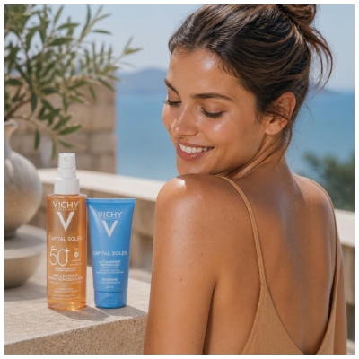 Vichy Capital Soleil N
äkymätön Öljy Solusuoja SPF50+ 200 ml + Rauhoittava After-Sun -voide 100 ml Kaupan päälle