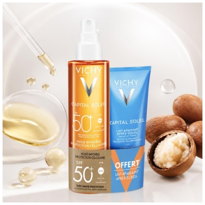 Vichy Capital Soleil N
äkymätön Öljy Solusuoja SPF50+ 200 ml + Rauhoittava After-Sun -voide 100 ml Kaupan päälle