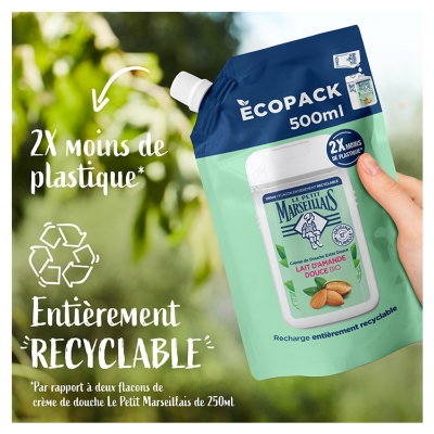 Le Petit Marseillais Crème de Douche Extra Douce Lait d'Amande Douce Bio Éco-Recharge 500 ml