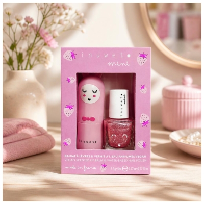 Inuwet Mini Darilni Set Balzam za ustnice 3,5 g + Lak za nohte s Parfumom na osnovi vode 5 ml Jagoda