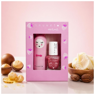 Inuwet Mini Darilni Set Balzam za ustnice 3,5 g + Lak za nohte s Parfumom na osnovi vode 5 ml Jagoda