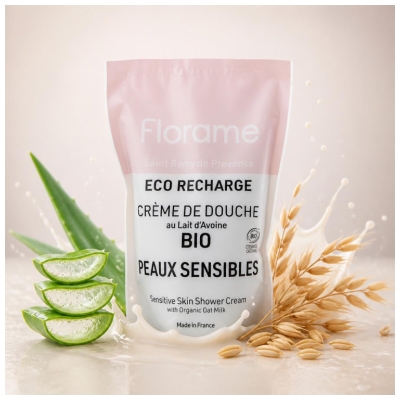 Florame Crème de Douche Lait D'Avoine Peaux Sensibles Rechargeable Bio Éco-Recharge 700 ml