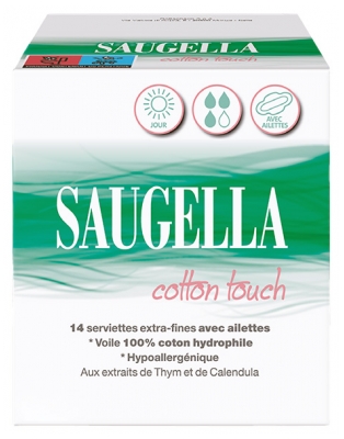 Saugella Cotton Touch Jour 14 Serviettes Extra-Fines avec Ailettes
