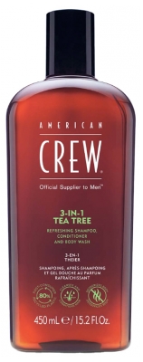 American Crew 3-En-1 Arbre à Thé, Shampooing, Après Shampooing & Gel Douche pour Cheveux et Corps (450ml), Revitalisant et hydratant.