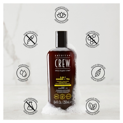 American Crew 3-En-1 GingembreThé, Shampooing, Après Shampooing & Gel Douche pour Cheveux et Corps (250ml), Revitalisant et hydratant.