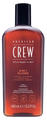 American Crew 3-En-1 Shampooing, Après Shampooing & Gel Douche pour Cheveux et Corps (450ml), Revitalisant, hydratant et apaisant.