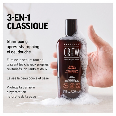 American Crew 3-En-1Format Voyage, Shampooing, Après Shampooing & Gel Douche pour Cheveux et Corps (100ml), Revitalisant, hydratant et apaisant.