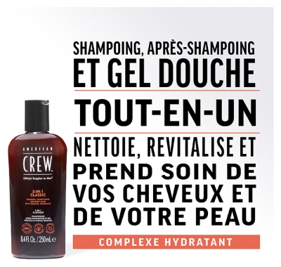 American Crew 3-En-1Format Voyage, Shampooing, Après Shampooing & Gel Douche pour Cheveux et Corps (100ml), Revitalisant, hydratant et apaisant.