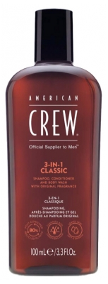 American Crew 3-En-1Format Voyage, Shampooing, Après Shampooing & Gel Douche pour Cheveux et Corps (100ml), Revitalisant, hydratant et apaisant.