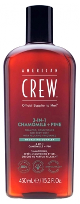 American Crew 3-En-1 Camomille et Pin, Shampooing, Après Shampooing & Gel Douche pour Cheveux et Corps (450ml), Revitalisant, hydratant et apaisant.