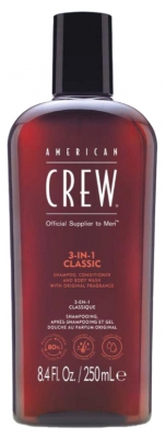 American Crew 3-En-1 Shampooing, Après Shampooing & Gel Douche pour Cheveux et Corps, Revitalisant, Hydratant et Apaisant 250ml