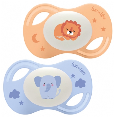 Luc et Léa Collection Nuit 2 Sucettes Anatomiques Téterelle Extra-Fine 18 Mois et + - Modèle : Éléphant et Lion