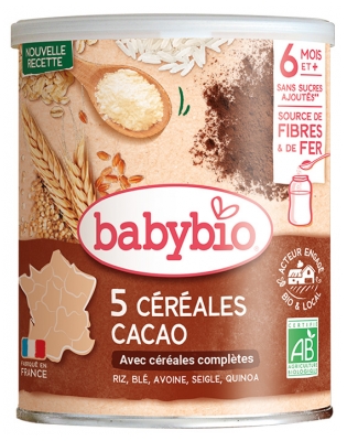 Babybio 5 Kakaovo kruopos su visomis kruopomis 6 mėn. ir vyresniems kūdikiams, Biologiškos, 220 g