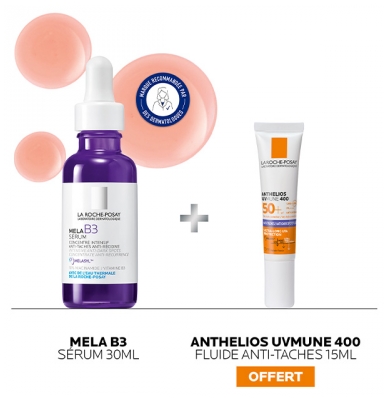 La Roche-Posay Mela B3 Sérum Concentré Anti-Taches 30 ml + Anthelios UVmune 400 Fluide Anti-Taches SPF50+ Sans Parfum 15 ml Offert