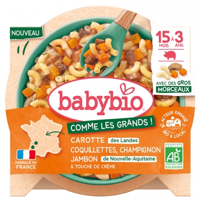 Babybio Carottes Coquillettes Champignon Jambon de 15 Mois à 3 Ans Bio 200 g