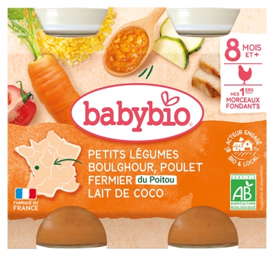 Babybio Petits Légumes Boulghour Poulet Fermier Lait de Coco 8 Mois et + Bio 2 Pots de 200 g