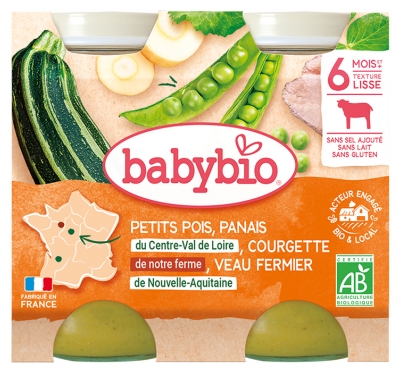 Babybio Petits Pois Panais Courgette Veau Fermier 6 Mois et + Bio 2 Pots de 200 g