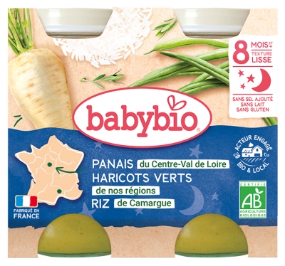 Babybio Buona Notte Pastinaca Fagioli Verdi Riso 8 Mesi e + Biologico 2 Vaschette da 200g