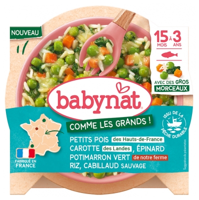 Babybio Babynat Petits Pois Carotte Épinard Potimarron Vert Riz & Cabillaud Sauvage de 15 Mois à 3 Ans 200 g