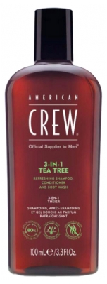 American Crew 3-In-1 Travel Size, Tea Tree Shampoo, Conditioner & Shower Gel per Capelli e Corpo (100ml), Rivitalizzante e Idratante.
