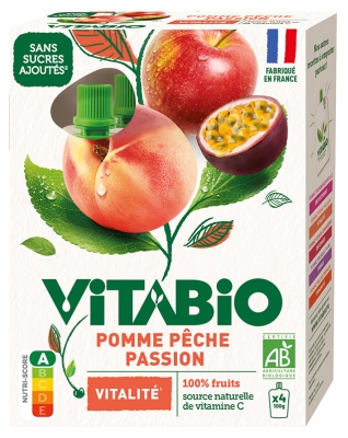 Vitabio Appel Perzik Passievrucht Bio 4 knijpzakjes van 100 g