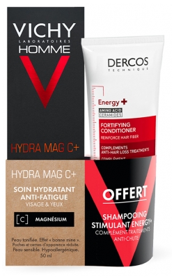 Vichy Homme Hydra Mag C+ Soin Hydratant Anti-Fatigue 50 ml + Dercos Energy+ Shampoing 50 ml Offert