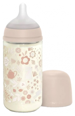 Suavinex Wonderland Biberon Verre Tétine Symétrique Débit Moyen 240 ml 3 Mois et + - Couleur : Rose