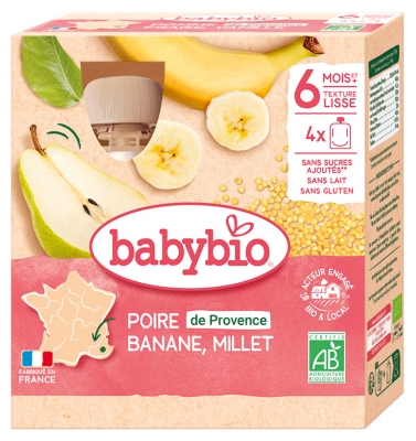 Babybio Poire Banane Millet 6 Mois et + Bio 4 Gourdes de 90 g