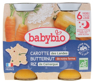 Babybio Bonne Nuit Carotte Butternut Riz 6 Mois et + Bio 2 Pots de 200 g