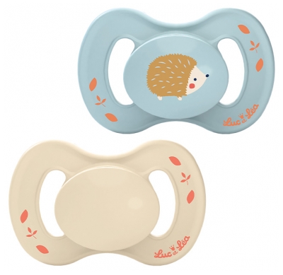 Luc et Léa Nature 2 Sucettes Anatomiques Téterelle Extra-Fine 0-6 Mois - Modèle : Bleu Hérisson et Beige