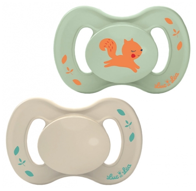 Luc et Léa Nature 2 Sucettes Anatomiques Téterelle Extra-Fine 6-18 Mois - Modèle : Vert Écureuil et Taupe