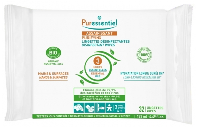 Puressentiel Assainissant Lingettes Désinfectantes aux 3 Huiles Essentielles 32 Lingettes